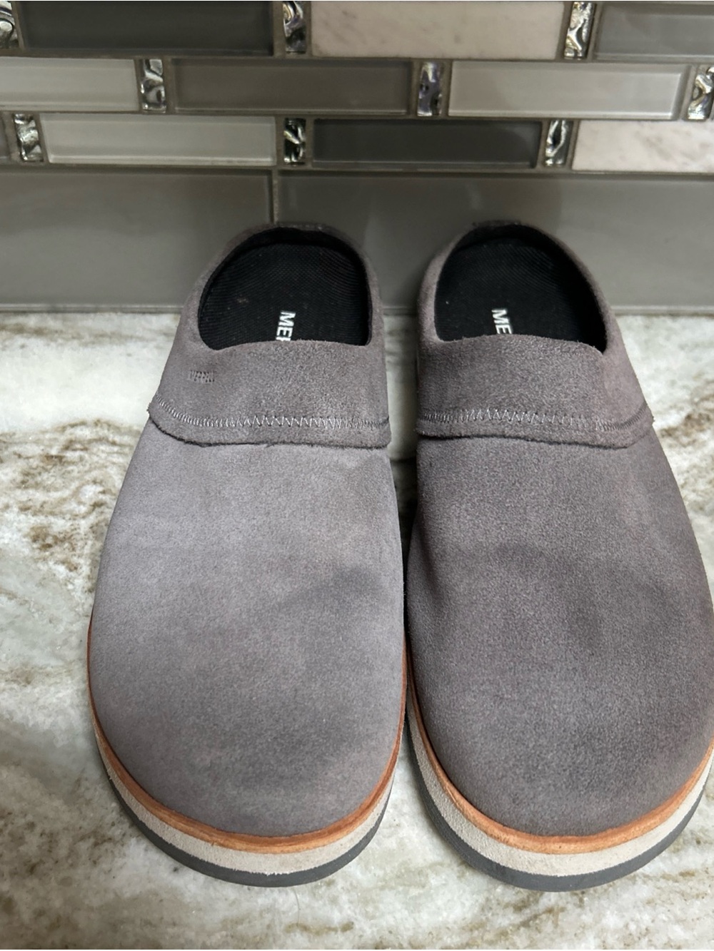 Merrell Juno Clog Grey Suede Leather Mules Women Size 10 Slip On Shoes. Clean
